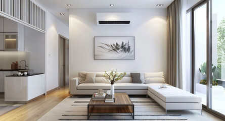 Modern living room with stylish sofa, coffee table, and air conditioning. space is bright and inviting, featuring minimalist decor and natural light.