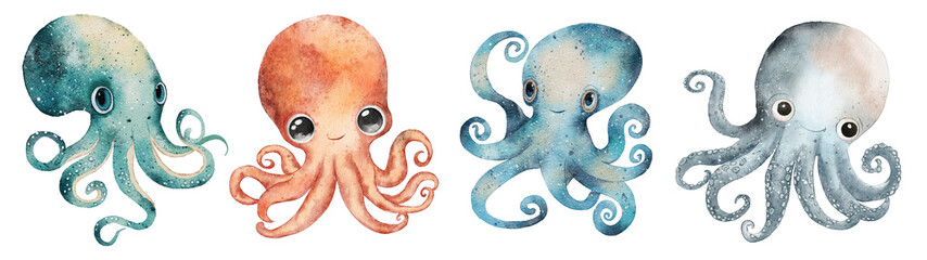 Watercolor octopus hand drawn illustration isolated on white background
