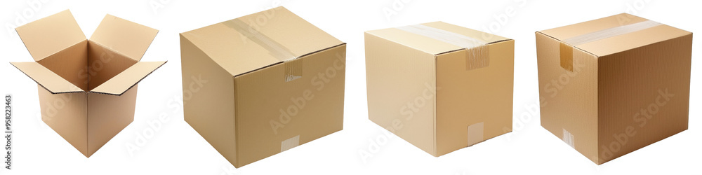 Poster on a transparent background, a full-length view of a cardboard box can be seen
