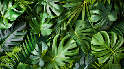 Lush green tropical leaves create vibrant and serene backdrop, perfect for nature inspired designs.