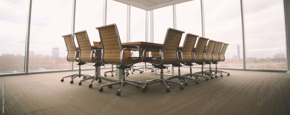 Poster a modern conference room with large table and ergonomic chairs, featuring large windows that provide