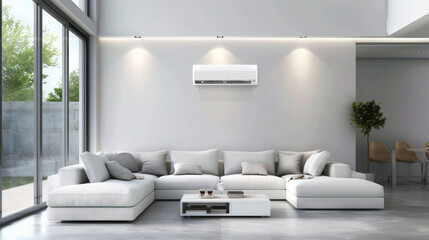 Modern white sectional sofa with cushions in bright living room