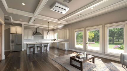 Modern kitchen interior with open layout, featuring stylish cabinetry and large windows. space is bright and inviting, perfect for family gatherings.