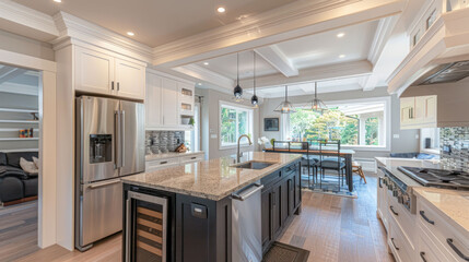 Modern kitchen with an island, stainless steel appliances, and natural light