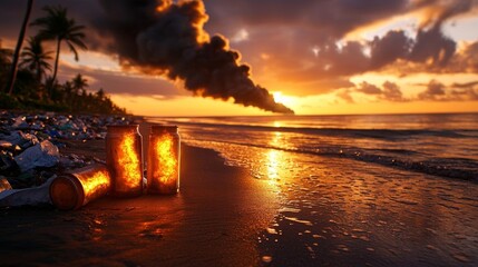 A beach littered with garbage, with smoke from an oil spill in the distance