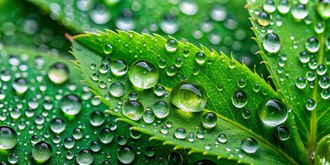 Close up of water droplets on green plant leaves with blurred background