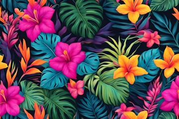A floral pattern with a mix of tropical flowers and leaves in bright neon colors, AI Generated