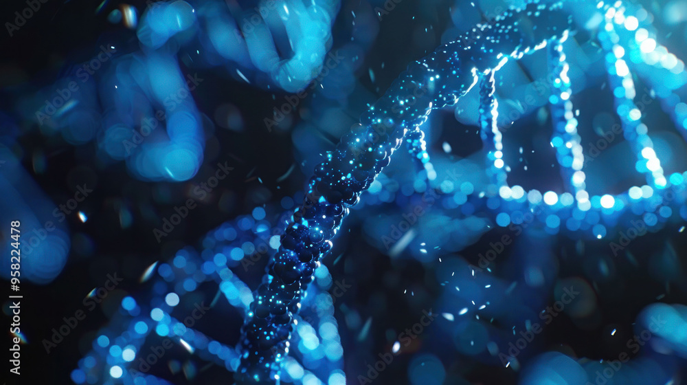 Poster A close up view of glowing blue DNA double helix structure, showcasing intricate details and vibrant, dynamic background.