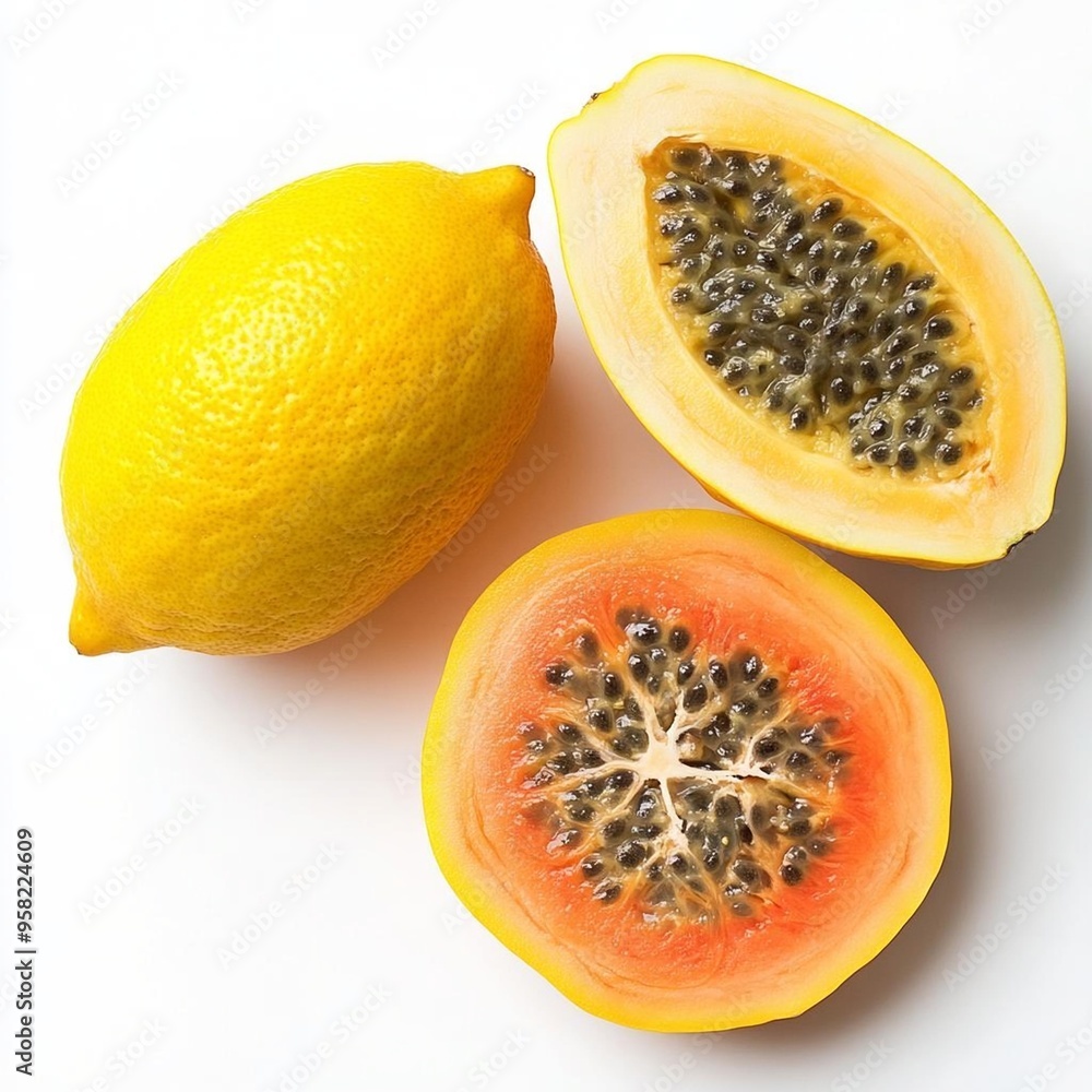 Wall mural two halved papayas and one whole lemon on a white background.