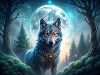 a photo image of a mystical moonlit forest, a wolf with glowing eyes and intricate pack tattoos, surrounded by mist swirling with whispers.