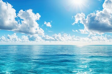 Obraz premium Panorama of clear sky background for summer vacation concept at ocean and summer sea water with sunlight of beautiful cloudy sky , ai