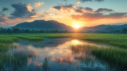 Sunset Over Rice Paddy Fields