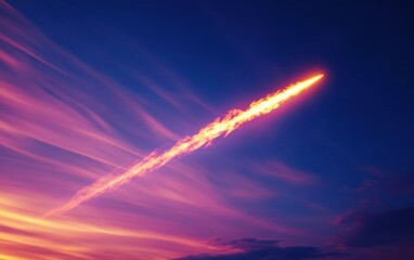 fiery meteor or rocket streaking across a colorful sunset sky with a glowing trail of flames