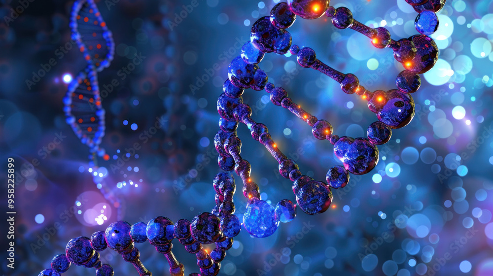 Aufkleber Digital representation of DNA strands with vibrant colors and glowing effects, showcasing complexity of genetic structures.