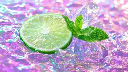 High-Resolution Close-Up of Lime Slice with Ice Cubes - Fresh and Refreshing with Pastel Gradient Background