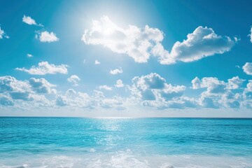 Fototapeta premium Panorama of clear sky background for summer vacation concept at ocean and summer sea water with sunlight of beautiful cloudy sky , ai
