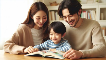 Obraz premium Parents and child reading a book