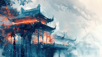 Fototapeta premium Illustration Of China Landmarks, Generative AI