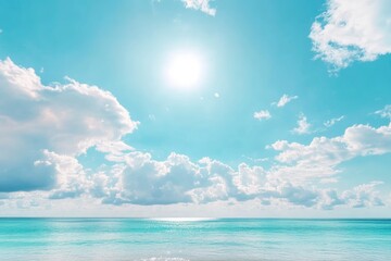 Obraz premium Panorama of clear sky background for summer vacation concept at ocean and summer sea water with sunlight of beautiful cloudy sky , ai