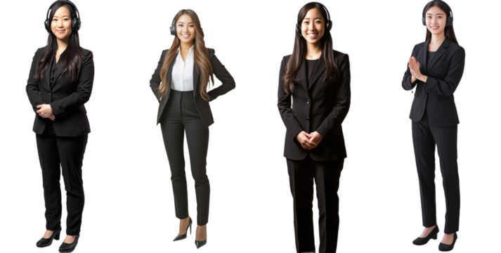 Call center on transparency background, smiling young businesswoman wearing headset