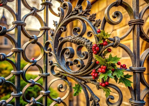 A photo image of a close-up view of intricate ironwork scrollwork on the railing of a grand Gothic-style castle gate, with vines and mistletoe entwined among the grilletes.