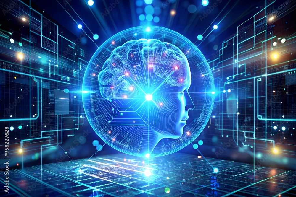 Poster digital brain hologram with circuit board on dark blue background 3d rendering