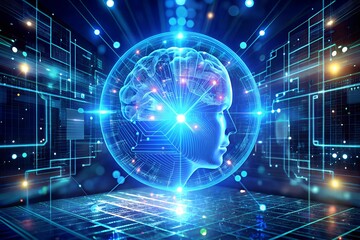 Fototapeta premium Digital brain hologram with circuit board on dark blue background 3D rendering