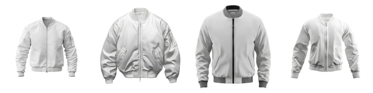 This is a 3D white unisex bomber jacket template with full zip zipper collar side view on a transparent background