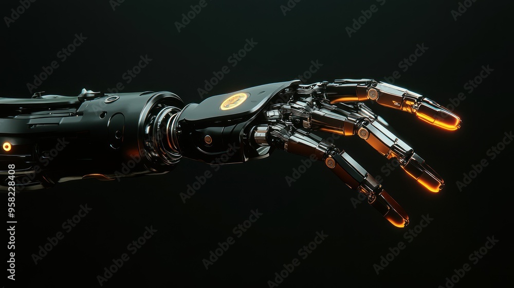 Poster metallic robot arm with glowing fingertips