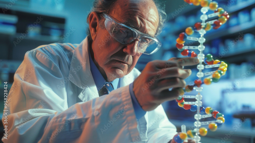 Poster a scientist carefully examines dna model in laboratory, showcasing dedication and precision in resea