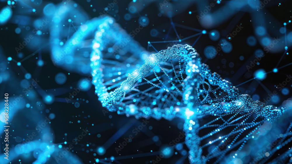 Poster digital representation of dna structure with glowing blue strands, showcasing intricate details and 