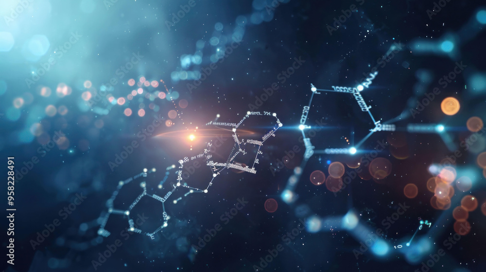 Aufkleber A stunning visualization of DNA strands in cosmic setting, showcasing intricate molecular structures and glowing particles.