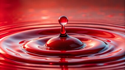 Close-up of red liquid droplet on scarlet surface surrounded by smaller water droplets
