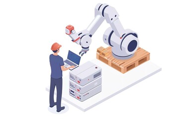 Man controlling factory robot with laptop isometric