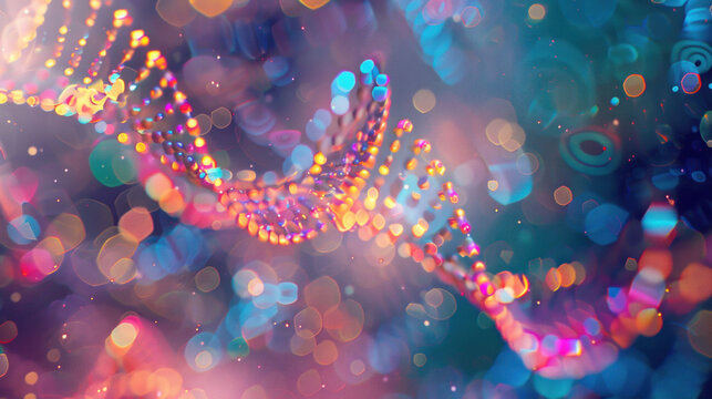 A vibrant and colorful representation of DNA strands, showcasing intricate details and bokeh effect that evokes sense of wonder.