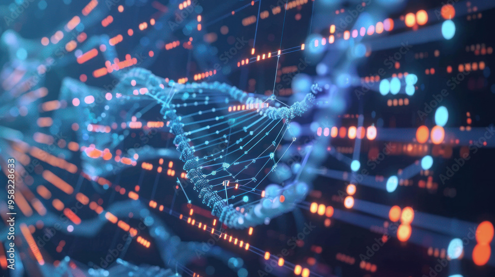 Poster Digital representation of DNA strands with vibrant colors and data points, illustrating complexity of genetic information.