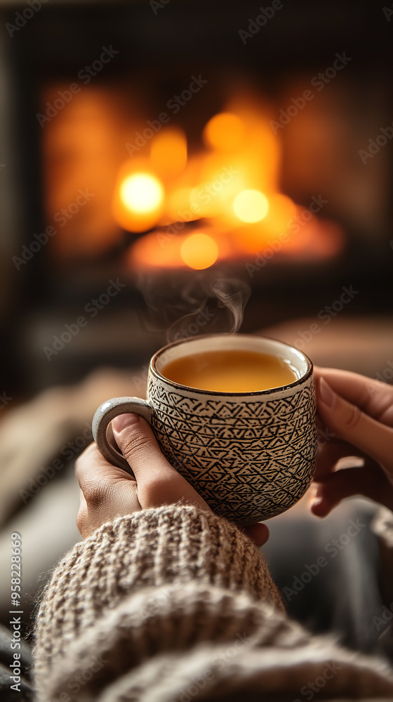 Canvas Prints Cozy Autumn Setting with Warm Cider by the Fireplace