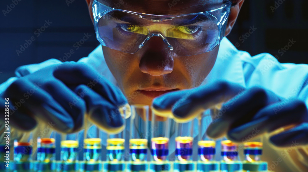 Poster a focused scientist examines colorful test tubes in laboratory, showcasing precision and dedication.