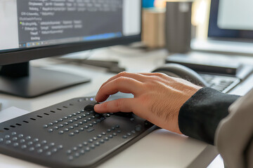 Modern Braille display device connected to a computer, with a visually impaired person using it to read digital text.