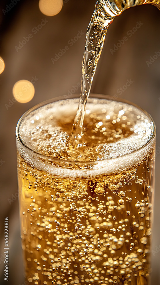 Canvas Prints Close-Up View of Cider Pouring into Glass Showcasing Bubbles and Golden Hue