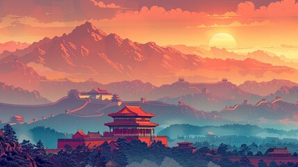 Naklejka premium Illustration Of China Landmarks, Generative AI