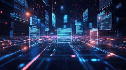 Abstract network grid with files and folders, futuristic software interface, digital document management system, store, search and organize documents, corporate business, paperless office	