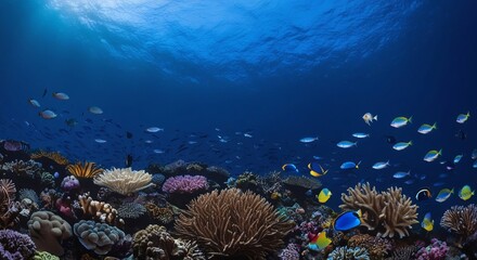 Obraz premium deep blue sea, capturing the vibrant colors of a thriving underwater ecosystem, with a vast array of coral species, including brain coral, fan coral