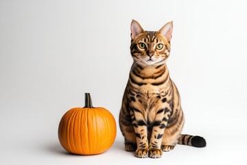 Majestic Bengal cat sitting next to a small pumpkin on a white background