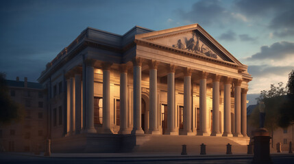 Naklejka premium Grand bank building with towering columns, centered and facing directly towards the viewer. The architecture is classical, featuring intricate stonework with golden accents on the columns and facade.