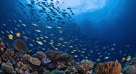 deep blue sea, capturing the vibrant colors of a thriving underwater ecosystem, with a vast array of coral species, including brain coral, fan coral