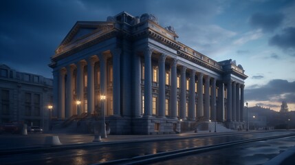 Obraz premium Grand bank building with towering columns, centered and facing directly towards the viewer. The architecture is classical, featuring intricate stonework with golden accents on the columns and facade.