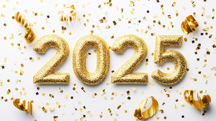 Happy New Year background with 2025 shiny golden numbers and confetti, glitter isolated on white background. Festive celebration banner