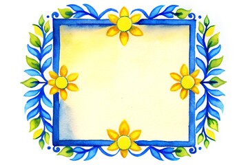 Obraz premium Gentle Watercolor Floral Frame with Yellow Flowers and Blue Leaves – Perfect for Invitations, Greeting Cards, and Spring Designs
