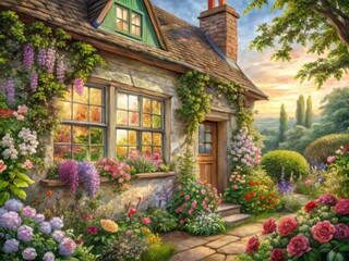 cozy afternoon ambiance wraps around a traditional english cottage with flower-filled windows featuring delicate watercolor illustrations of gardens